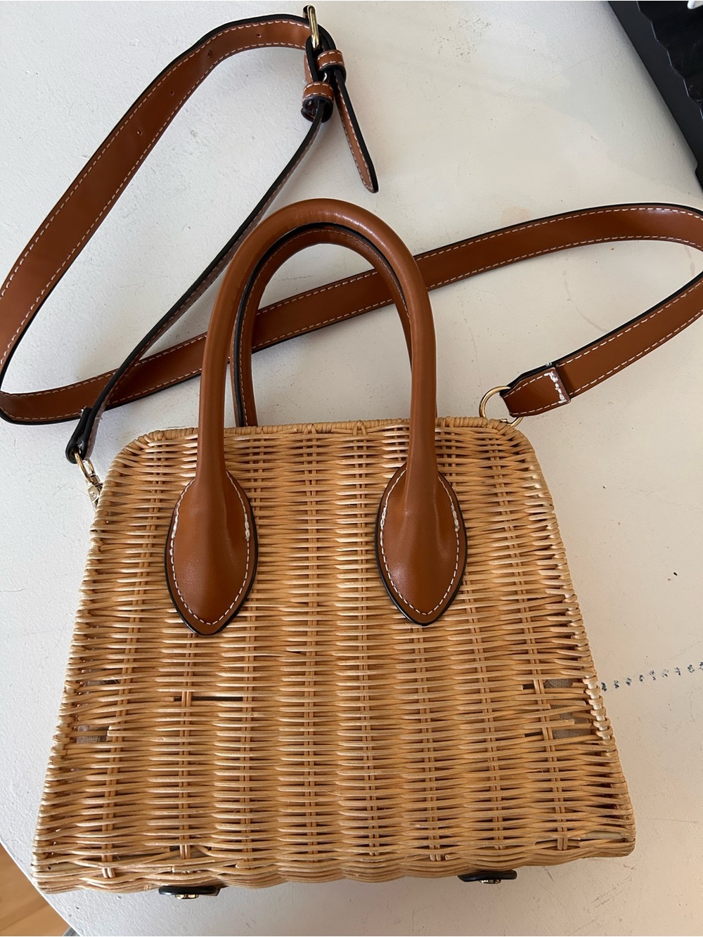Zara - Woven Rattan Tote with Tan Leather Handles